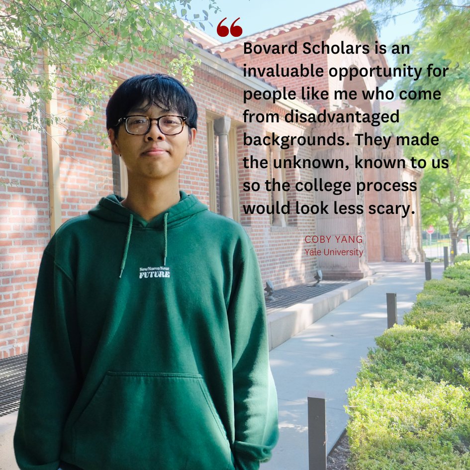 bovardscholars's tweet photo. USC Bovard Scholars focuses on four core areas: career exploration, admissions &amp; financial aid guidance, test prep, and leadership development. Hear form Coby Yang, a Cohort 5 scholar, about the positive outcomes of the Bovard Scholars experience. #USCBovardScholars https://t.co/N1yEpYbRYH