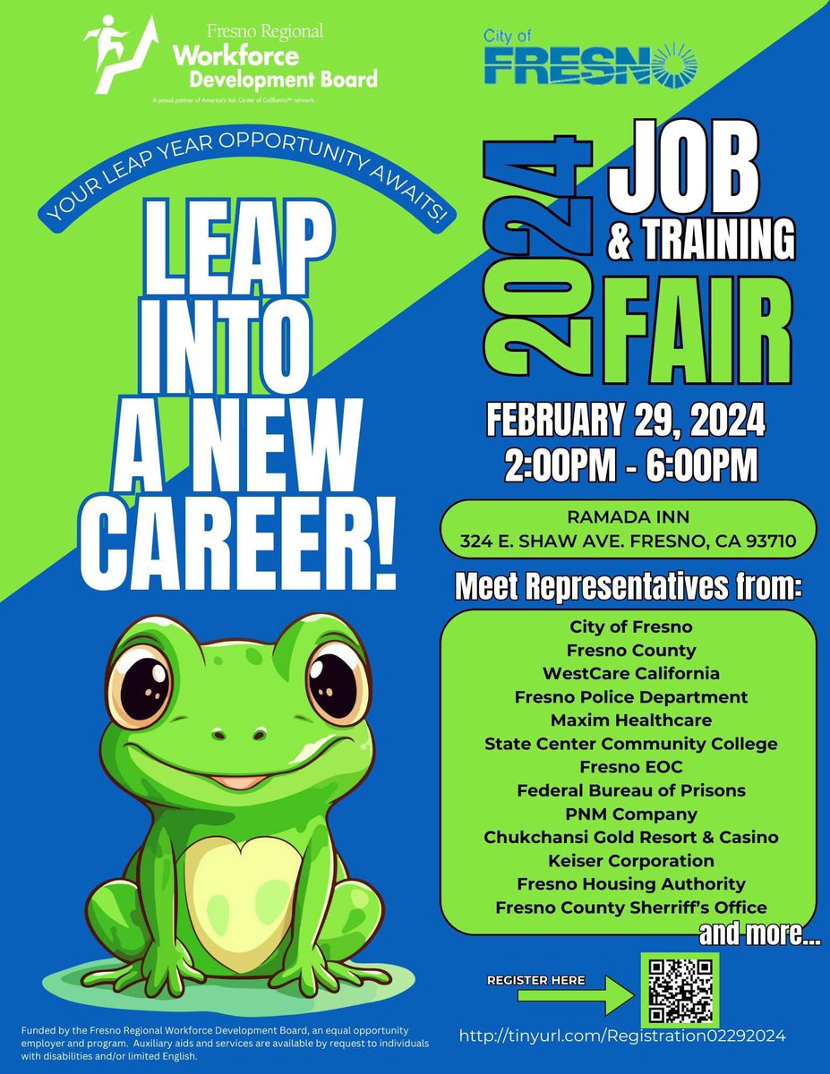 Leap into a new career at the 2024 Job &amp; Training Fair hosted by the Fresno Regional Workforce Development Board! 🐸 RSVP through the link: tinyurl.com/Registration02…

🗓️February 29, 2024, at 2-6 pm
📍Ramada Inn, 324 E E. Shaw Ave Fresno, CA 93710