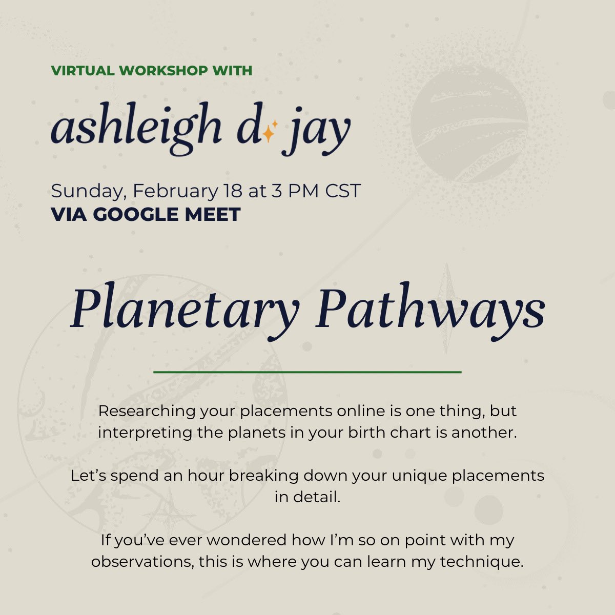 This Sunday at 3 PM CT I’m doing a workshop on a technique I like to call Planetary Pathways. If you’re someone who likes to dig through your birth chart and wants a little more than Google can provide, this is the one for you. 

ashleighdjay.as.me/pp-workshop