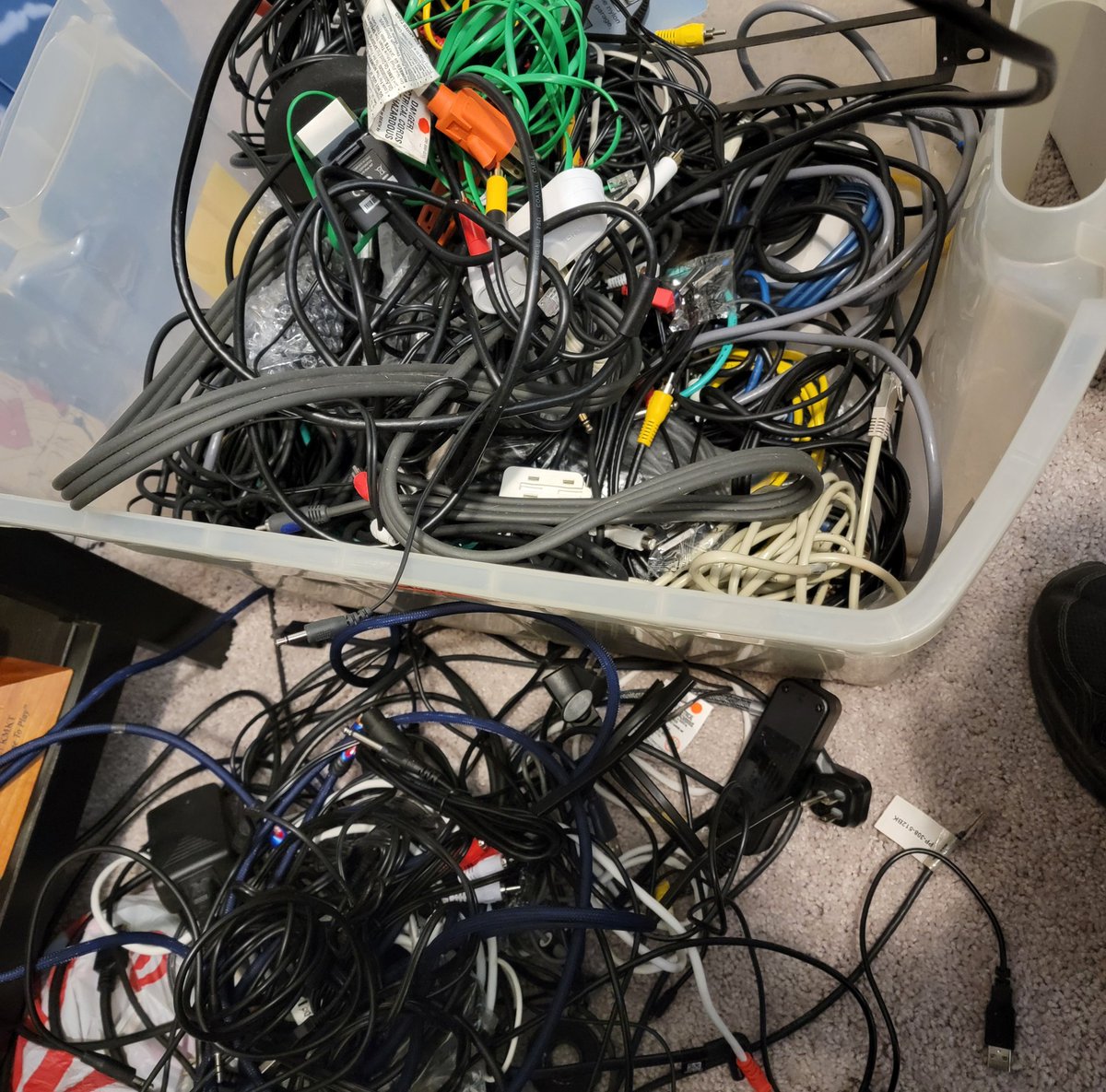 bigdaverocks's tweet photo. Gratuitous pic of my box full of random cords, cables &amp; adapters! 🔌📦 We justify keeping all of them because we *might* need them *someday*. But, will *someday* ever actually come?! I'm not so sure. Seriously, why do we keep all of these things?! 😂🤣 https://t.co/fuqsK9m3Kl