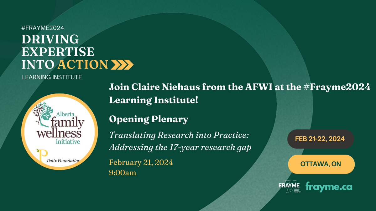 Join Claire Niehaus from the AFWI at the #Frayme2024 Learning Institute in Ottawa on Feb 21-22. Claire is part of the opening plenary on translating research into practice.

Don't forget to visit us at the AFWI exhibitor booth!

bit.ly/4b3LTlR
<a href="/Frayme_Cadre/">Frayme</a>