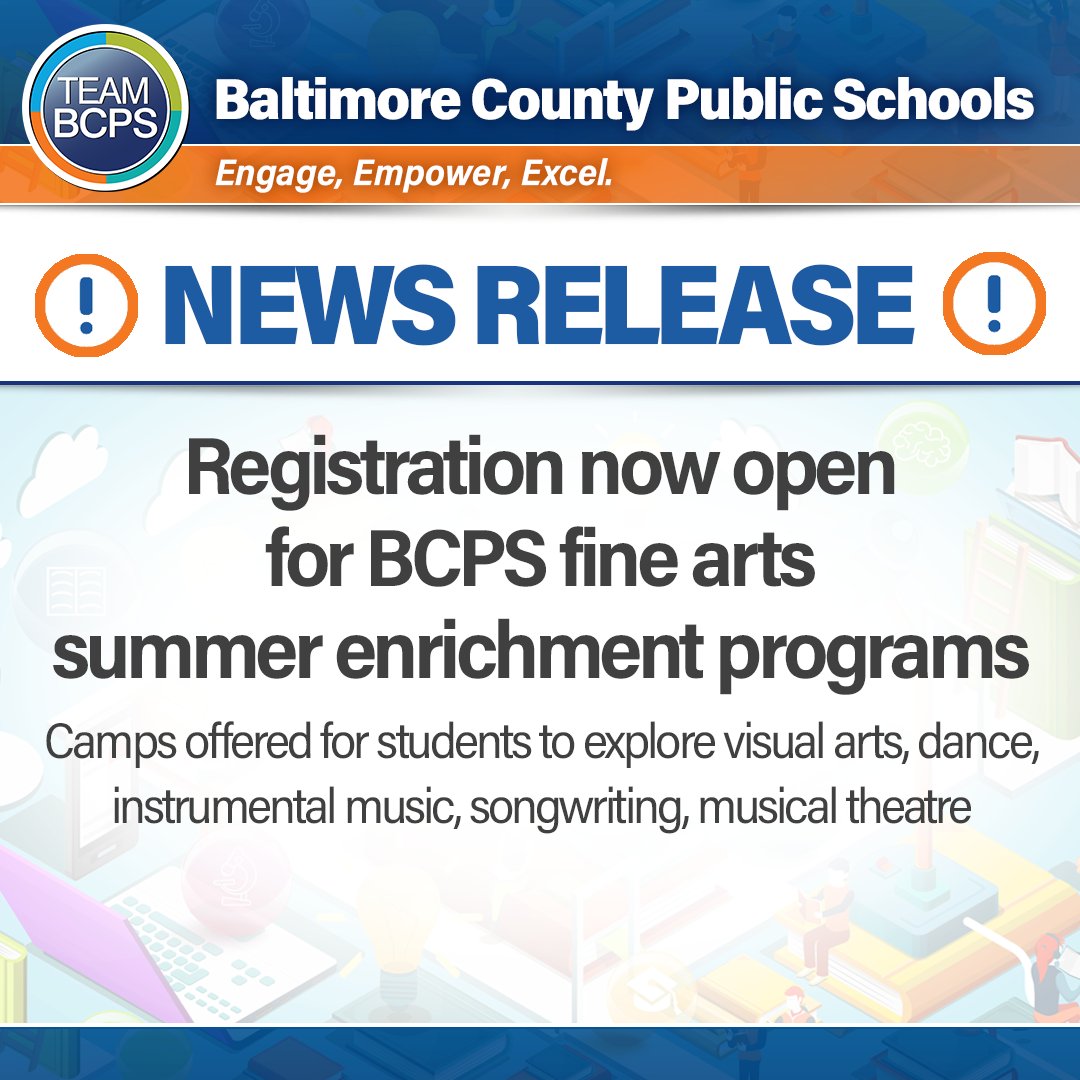 🌞 This summer, BCPS will offer camps in visual arts, dance, instrumental music, songwriting, and musical theatre. All programs are open to students entering Grades 5-12 in the 2024-2025 school year, except for the visual arts program (Grades 3-12). ➡ bcps.org/curriculum/aca…