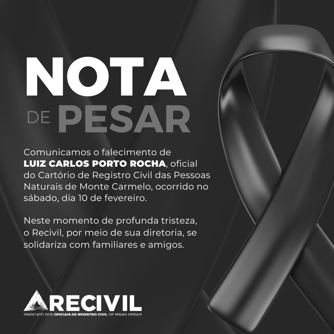 recivil_'s tweet photo. É com imenso pesar que comunicamos o falecimento do oficial do Cartório de Registro Civil das Pessoas Naturais de Monte Carmelo, Luiz Carlos Porto Rocha. 

Solidariedade aos familiares e amigos. https://t.co/RxcySmWatt
