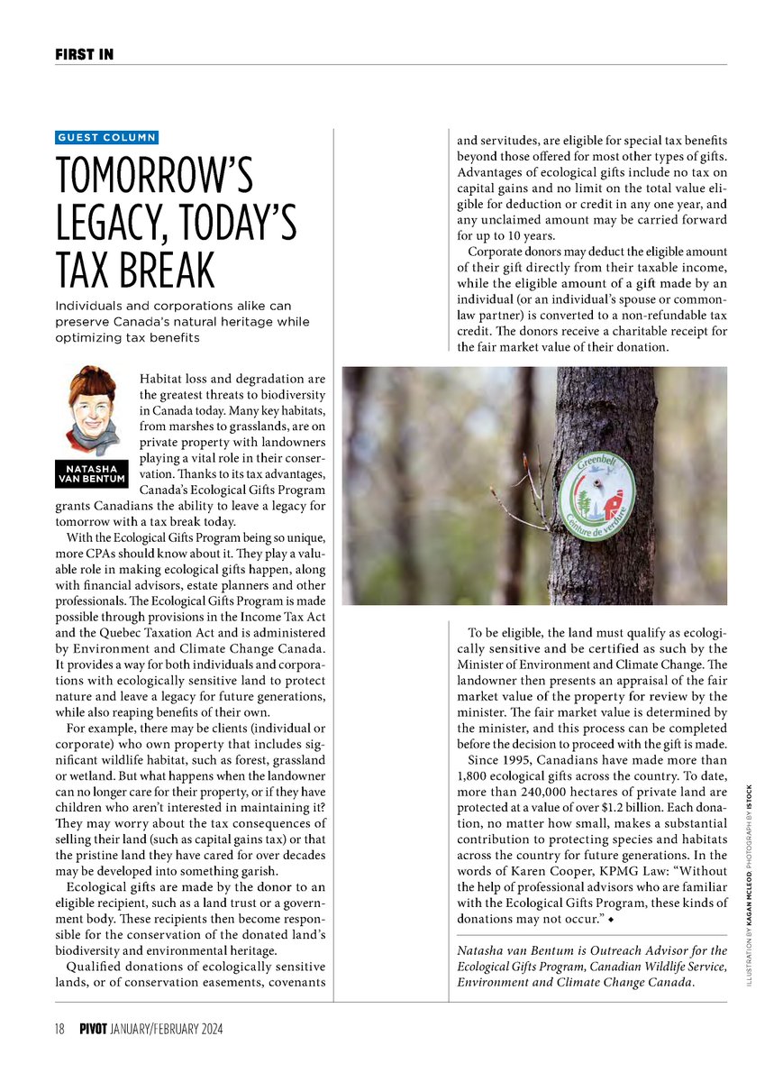 GiveGreenCanada's tweet photo. Allied professionals such as accountants can play a role in making Ecological Gifts happen. Here's my recent article in CPA Canada's excellent "Pivot" magazine. https://t.co/XJ5zb32RvY @CPAcanada @CAGP_ACPDP @UinvitedU #EcologicalGiftsProgram https://t.co/p9dVkCi4Ez