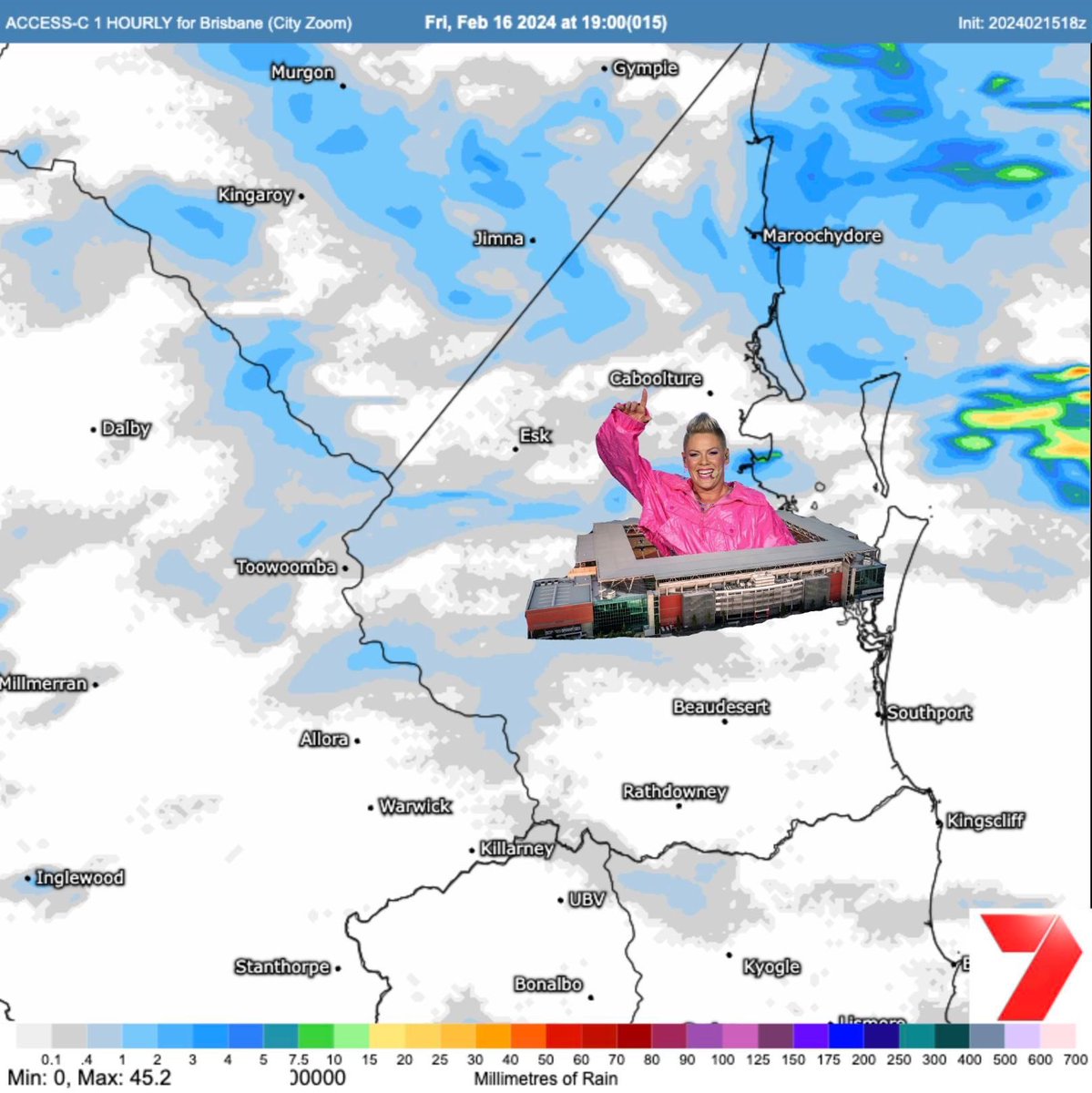 P!NK fans.. it's not all bad news.

The rain is likely to ease back this evening at Suncorp Stadium.

Expect some lighter showers or rain.

Still worth taking some form of raincoat, but it shouldn't be as torrential as this morning.

📸: Forecast rain, 7pm, ACCESS C model