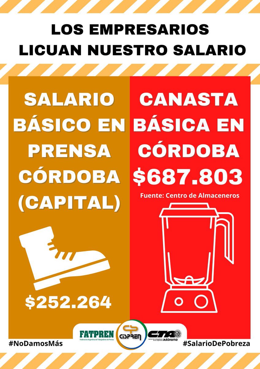 Cispren's tweet photo. EL PEOR SALARIO DE LA HISTORIA

Estamos viviendo una situación inédita y sumamente crítica: casi cuatro meses sin ninguna propuesta salarial. Las empresas de medios de Córdoba usan la licuadora todos los días para destruir los salarios de las y los trabajadores de prensa https://t.co/qTVZiRv9Tr
