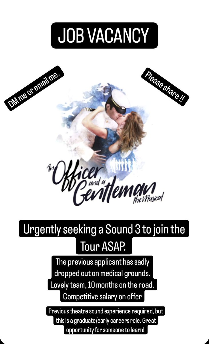 Twitter do your thing please!  

#theatre #theatrejobs #sound #theatresound #sound3
#vacancy
Share away!