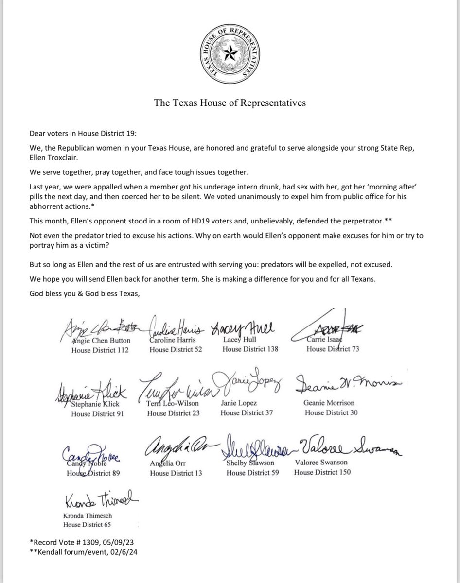 Inbox: The 13 GOP women in the #txlege House sign a letter backing <a href="/EllenTroxclair/">Ellen Troxclair 🇺🇸</a> in the #HD19 primary against <a href="/KyleBiedermann/">Kyle Biedermann</a> following his comments about expelled Rep. Slaton at a forum in the below video.