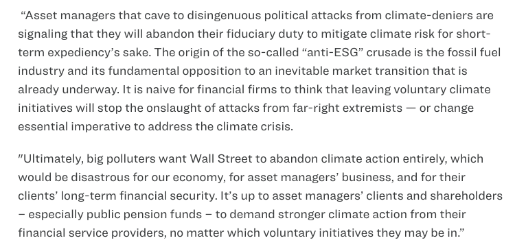 Today @JPMorgan & @StateStreetGA announced they're ditching the @ActOnClimate100 initiative, and @BlackRock is scaling back its membership. Their cowardice is astounding & their approach to climate risk management is alarming. Full @SierraClub statement: sierraclub.org/press-releases…