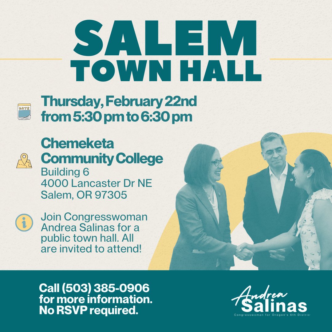 Hey #OR06! Join me on Thursday, February 22nd at 5:30 PM for an in-person town hall in Salem. I'll be sharing updates and answering YOUR questions about my work in Congress. No RSVP required. See you there!