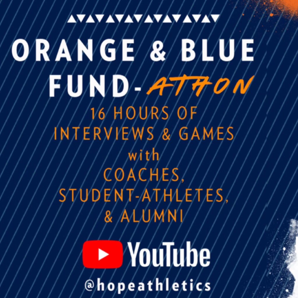 The 2024 Hope College Day of Giving is almost here. From Thursday, Feb. 22, until noon on Friday, Feb. 23, consider helping us change students' lives by giving to the Hope Athletics Orange and Blue Fund and Hope College Streaming Services. hope.edu/give2hope