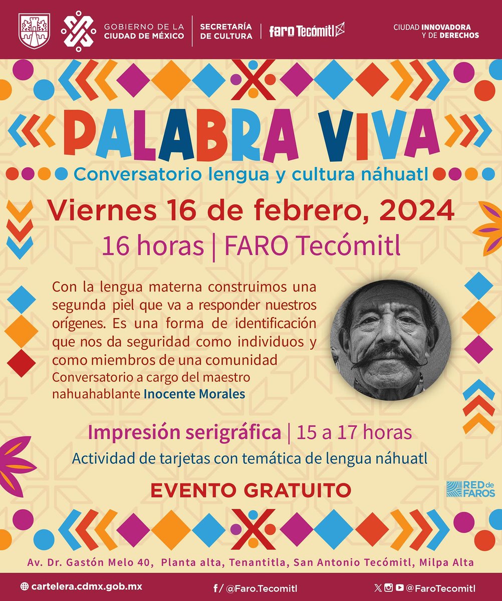 CulturaCiudadMx's tweet photo. "Palabra viva" es un conversatorio de cultura náhuatl. En este evento se realiza una actividad de impresión serigráfica de postales en náhuatl.

Viernes 16 de febrero | 16 horas | @FaroTecomitl  

#EntradaLibre

Más eventos interculturales en la #CarteleraCdMx: https://t.co/Ssd2k1OcpN