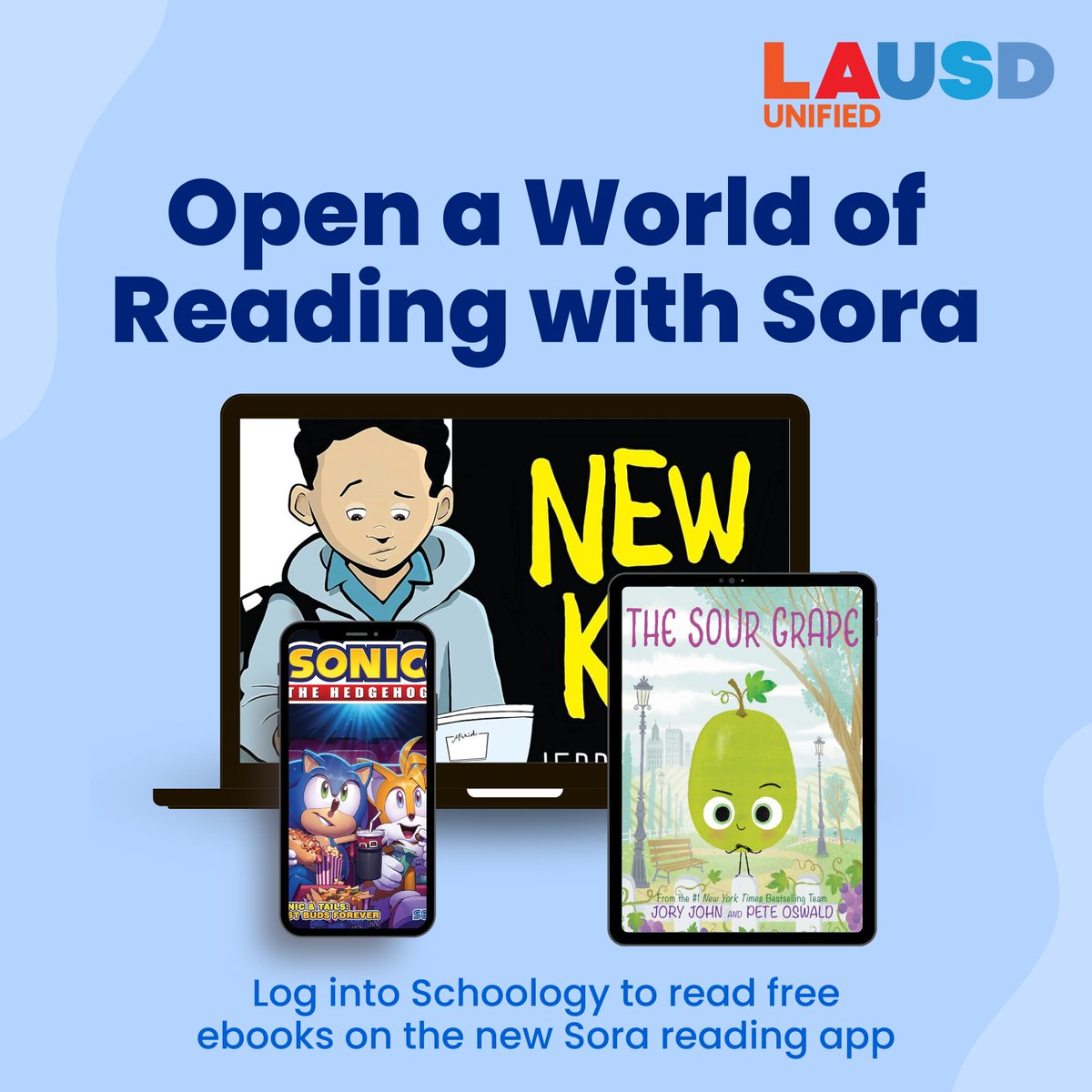 Students, have you tried Sora yet? It's a new digital reading app that allows you to read ebooks, audiobooks and more from your school library! Log into your Schoology account to access @SoraReadingApp. To learn how to use Sora, watch this video: lausd.wistia.com/medias/8cp6u1l…