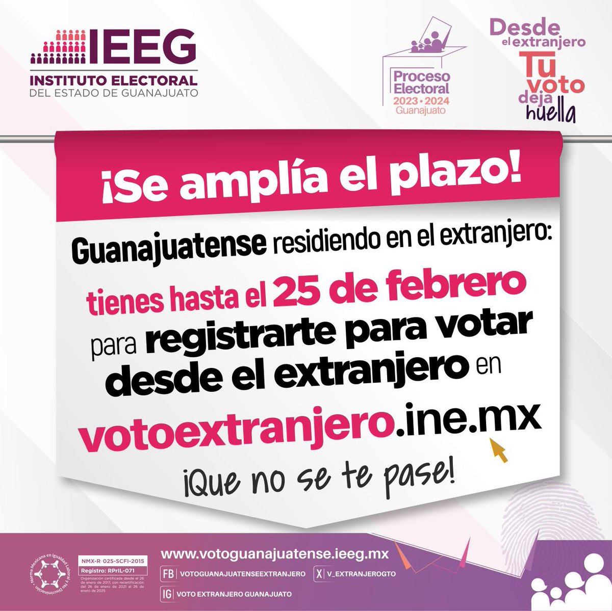 V_ExtranjeroGto's tweet photo. ❗️Se amplía el plazo hasta el 25 de febrero para registrarte para votar desde el extranjero 🗳️ que no se te pase!

#DesdeElExtranjero #TuVotoDejaHuella https://t.co/PFEmBRwWan