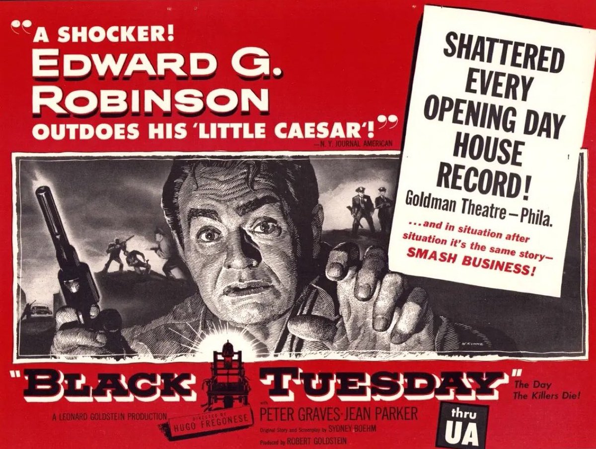 SaveRedlandLibr's tweet photo. 10:10pm TODAY on @TalkingPicsTV
The 1954 #FilmNoir #Crime #Drama film🎥 “Black Tuesday” directed by #HugoFregonese & written by #SydneyBoehm
🌟#EdwardGRobinson #PeterGraves #JeanParker #MilburnStone #WarrenStevens #SylviaFindley #JackKelly #VicPerrin https://t.co/Dcu5keLfOn