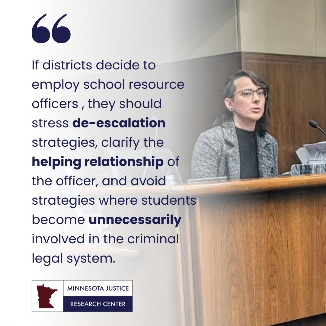 MinnJRC's tweet photo. Our research recommends a path forward on the role of School Resource Officers in MN schools. This week, MNJRC Researcher @ExstedMarci testified on the SRO Bill.
Our goal is to reimagine the role of #SROs in MN schools. Read the full memo: https://t.co/Xr8NRil3wR
#rsch #mnleg https://t.co/1YssFLc8VI