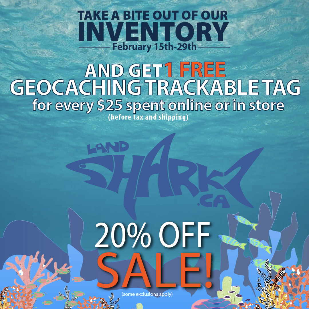 landsharkz's tweet photo. "TAKE A BITE OUT OF OUR INVENTORY SALE" IS ON NOW! 
It's almost that time of year when we need to count all our stock and we have a superb selection of fun tags set aside just for this sale! Get 1 free geocaching trackable tag, for every $25 spent before tax and shipping. #sale https://t.co/rnHXynASz2