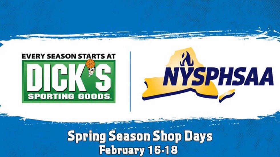 Stop @DICKS TOMORROW through Sunday for #NYSPHSAA Spring Shop Days! Bring the coupon linked below to your local @DICKS for 20% off your in-store purchase. Get ready for spring sports with #NYSPHSAA Shop Days at all NY @DICKS locations. cmm.dickssportinggoods.com/crmcdn/getoffe…