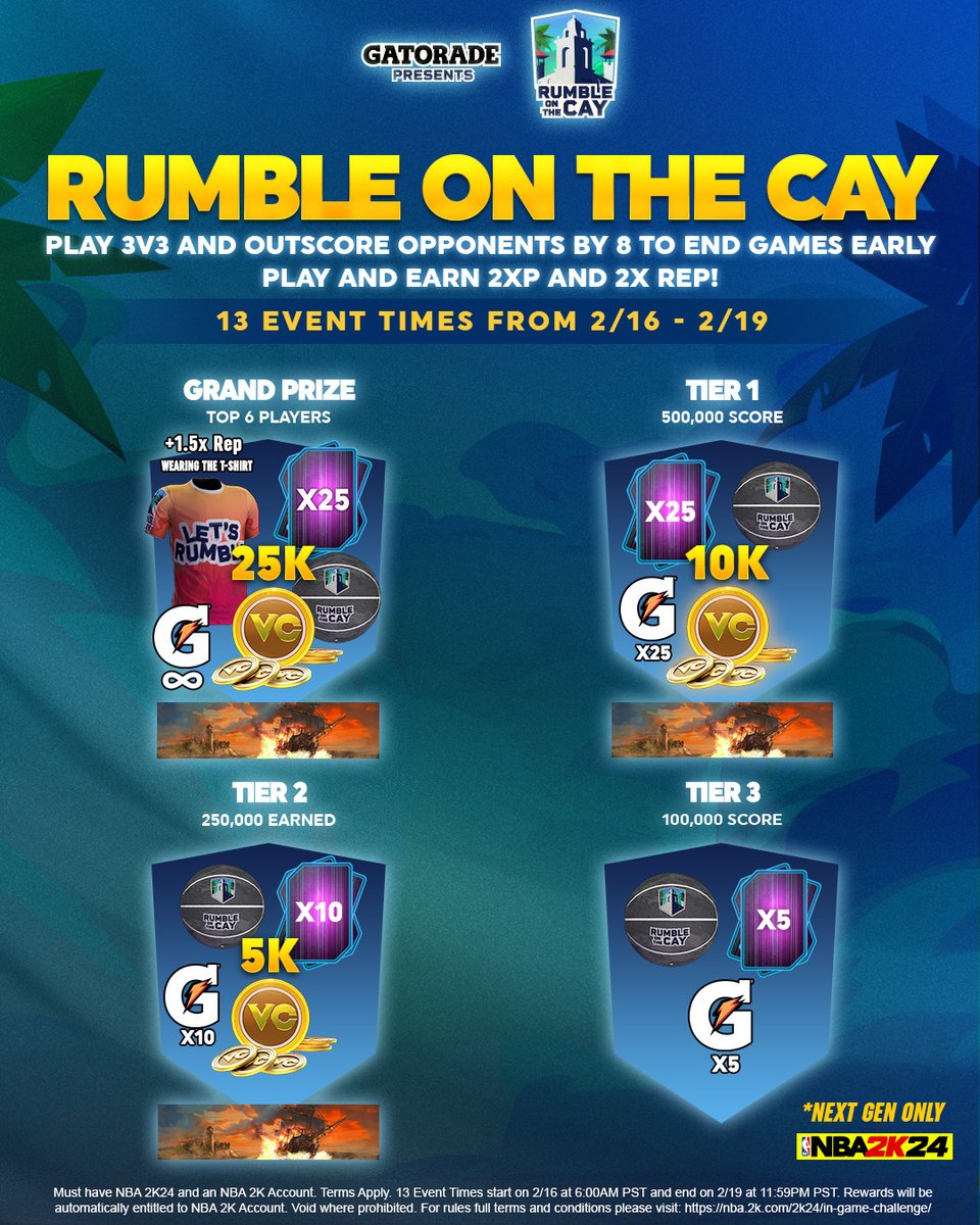 NBA2K's tweet photo. Head to the Signature Event Center to play Rumble on the Cay presented by @Gatorade tomorrow! 😤

Hop in during these times and get 2X REP and 2XP, plus you can earn these top tier rewards up to 13 times 👀 https://t.co/e9PMhae7Jn