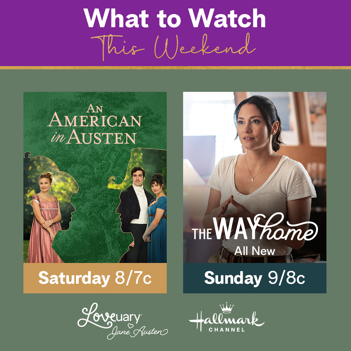 hallmarkchannel's tweet photo. Consider yourself booked this weekend. #AnAmericanInAusten premieres Saturday at 8/7c and an all new episode of @TheWayHomeHC premieres Sunday at 9/8c. Who's tuning in? #TheWayHome https://t.co/QyzthYKOaz