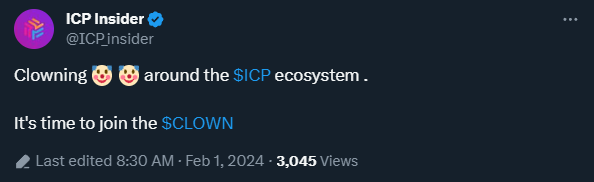 SingularityICP's tweet photo. The $CLOWN memecoin is also being promoted by @ICP_insider who is known to have shilled scams before. He also appears to have abandoned $DOGMI after he was paid at least 1% of the supply to shill it. We wonder if hes also being paid to promote CLOWN? He has posted about it often. https://t.co/CTYbEaeCCj