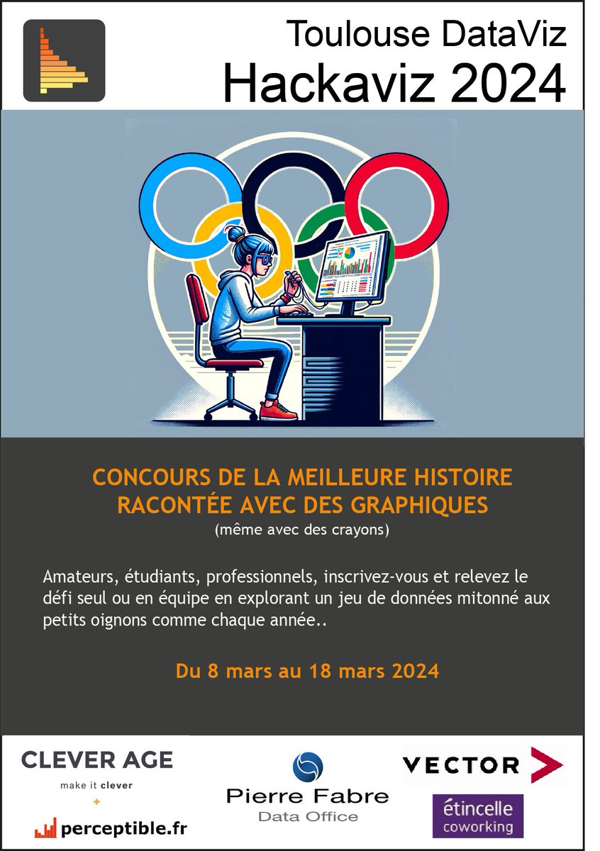 Tls_dataviz's tweet image. C'est parti pour les inscriptions à l'hackaviz 2024, notre grand concours annuel de #dataviz qui se déroulera du Vendredi 8 mars 2024 au Lundi 18 mars 2024 inscription: tally.so/r/mKl11A