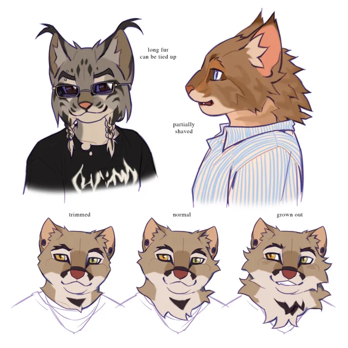 Some oc worldbuilding stuff I've been chipping away at, I've been  thinking about how cat people would approach grooming and accessories 