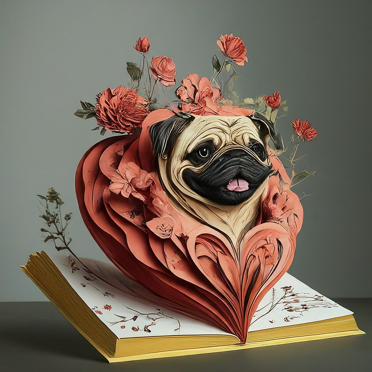 CharlieYenArt's tweet photo. @labsdotgoogle Where #heart blooms, a #pug's love unfolds in a pop-up storybook.
#ImageFX #Gemeni #LabsGoogle
#AIArt #AIPug #PugArt https://t.co/bTUgluFvCC