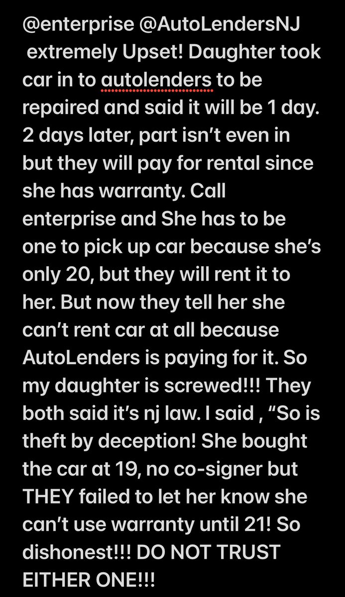 TrumpitAll's tweet photo. @AutoLendersNJ @Enterprise Never. You am robbed my daughter with a 26% Easter after she put down ALMOST HALF, and then you failed to tell her she cannot use the warranty she paid for until she’s 21!!! But never becomes that when she bought her car at 19 with no co-signer!!! NOTHING BUT  LIES!!! https://t.co/MhBidRZnA3