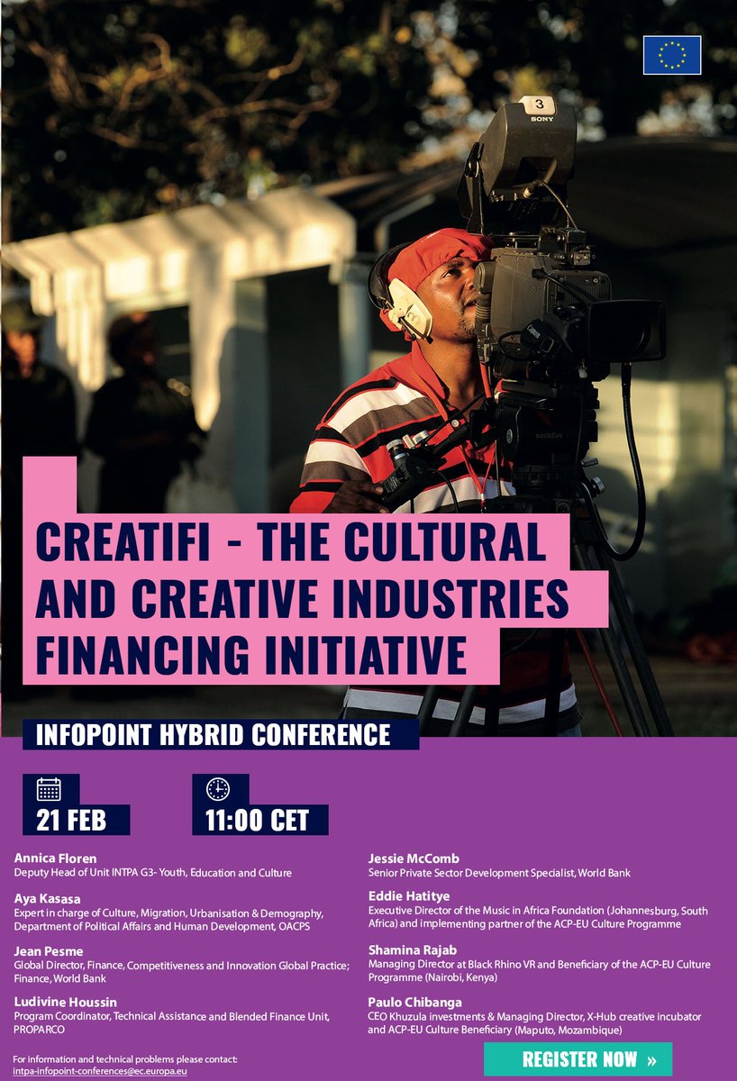 acpeuculture's tweet photo. Join the #InfoPoint on CreatiFI – #EU's pioneering initiative for financing Cultural &amp; Creative Industries. 

Learn from experts at @EU_Partnerships, @WorldBank, @PressACP and @Proparco, and explore investment opp. &amp; challenges in #CCIs! 

Registration: https://t.co/v9OJHqNRHd https://t.co/409zmU1wUx