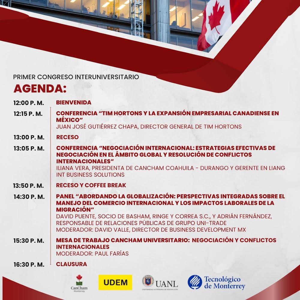 viesaudem's tweet photo. Cancham Universitario y sus capítulos UDEM, UANL y TEC DE MONTERREY, te invitan a participar en el 1er Congreso Universitario “Caminando hacia el futuro: relaciones comerciales Canadá-México”. Felices de ser los hosts, ¡los invitamos! Liga de registro: 
https://t.co/OiAJJ4fjhX https://t.co/6m79j6LbOw