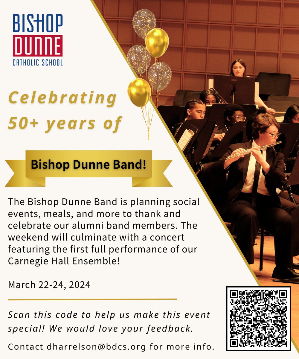 Bishop Dunne Bands (@bdcsband) on Twitter photo Please share far and wide! We want to reconnect with our alumni!
To share your thoughts, or sign up to join us, go to: forms.gle/mzphYQwzyxv5ot… or email Mr. Harrelson - dharrelson@bdcs.org - any questions!
Help us celebrate more than 50 years of band at Bishop Dunne! Please share far and wide! We want to reconnect with our alumni!
To share your thoughts, or sign up to join us, go to: forms.gle/mzphYQwzyxv5ot… or email Mr. Harrelson - dharrelson@bdcs.org - any questions!
Help us celebrate more than 50 years of band at Bishop Dunne!