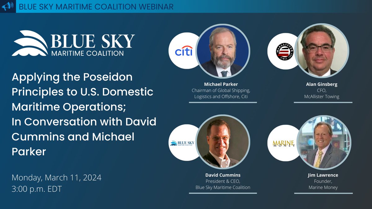 Join us on March 11th for an exclusive webinar with <a href="/Citi/">Citi</a>, <a href="/MarineMoney/">Marine Money</a>, &amp; <a href="/McAllisterTugs/">McAllister Towing</a>, discussing transparency and collaboration across U.S. vessel owners, cargo owners, the financial sector and government.
Open to Blue Sky members ✅ Become a member: ow.ly/NJ4c50Igzgm