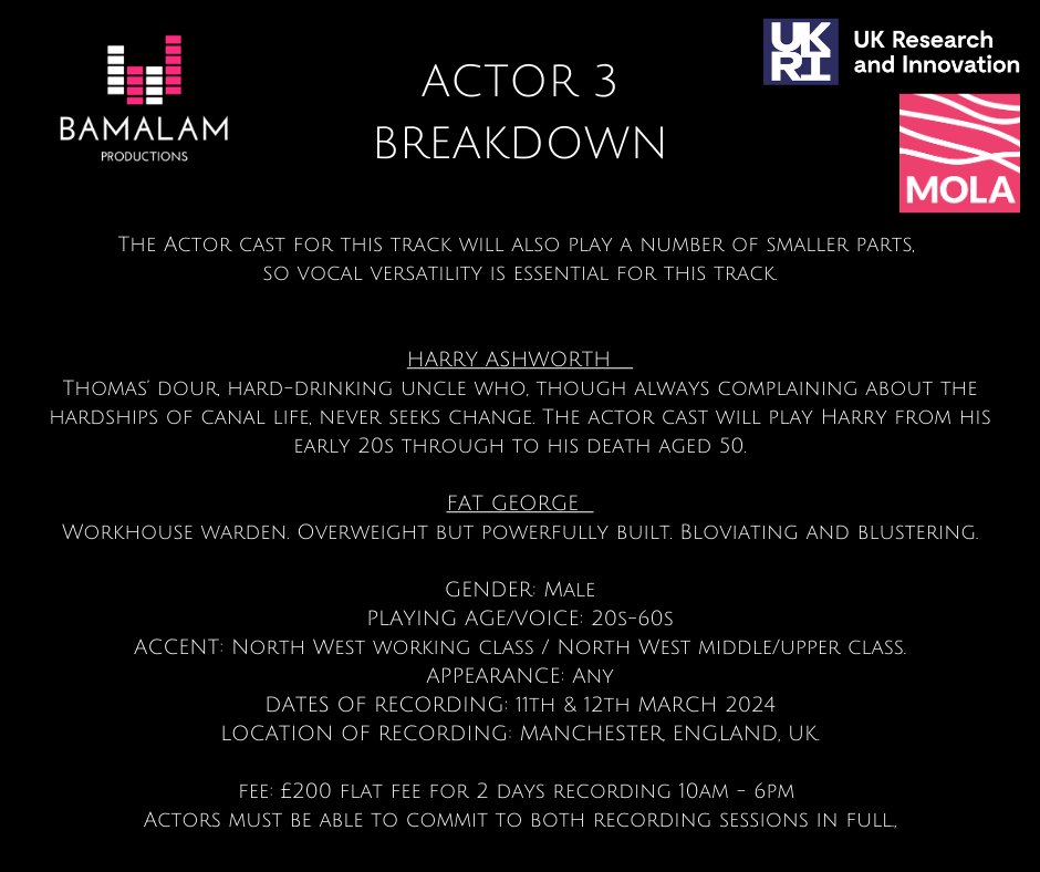 Bamalam Productions (@bamalamp) on Twitter photo ๐๏ธ WE ARE NOW CASTING ๐๏ธ 1/2
We are thrilled to announce that we are now casting for the remaining roles in our production of SCUTTLED.
All breakdowns are attached for your consideration.
If you are interested in applying, please send an email to bamalamproductions@gmail.com ๐๏ธ WE ARE NOW CASTING ๐๏ธ 1/2
We are thrilled to announce that we are now casting for the remaining roles in our production of SCUTTLED.
All breakdowns are attached for your consideration.
If you are interested in applying, please send an email to bamalamproductions@gmail.com