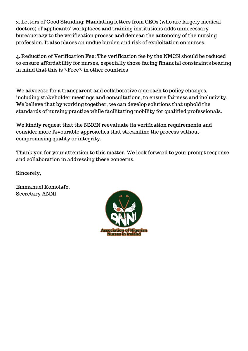 Dear Registrar <a href="/Nigeria_NMC/">Nursing and Midwifery Council of Nigeria (NMCN)</a> 
The executive arm of the <a href="/ANNI_Nurse/">Association of Nigerian Nurses & Midwives in Ire</a> writes to seek resolution and address the recent turn of event with Nigerian Nurses verification process.
We are open to engage,  interact and collaborate with NMCN for way forward