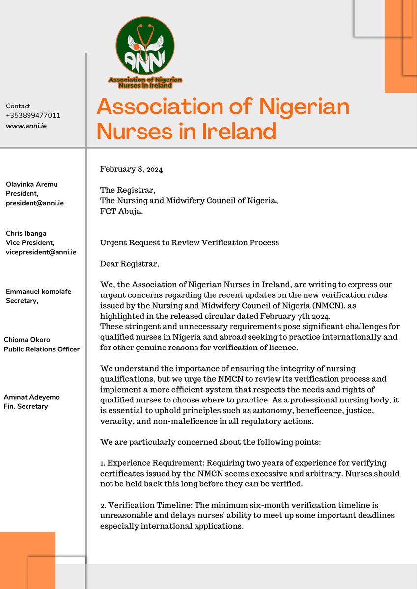 ANNI_Nurse's tweet photo. Dear Registrar @Nigeria_NMC 
The executive arm of the @ANNI_Nurse writes to seek resolution and address the recent turn of event with Nigerian Nurses verification process.
We are open to engage,  interact and collaborate with NMCN for way forward https://t.co/u9qmMtLTXo