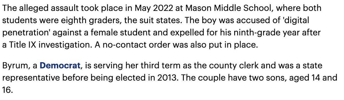 Hey @BarbByrum 👋 Matthew Foldi here. A story caught my eye about you & your husband abusing your influence to protect your 'offspring' who was accused of sexually assaulting a minor. I think there’s some things your constituents should know… 🧵 dailymail.co.uk/news/article-1… (1/xx)