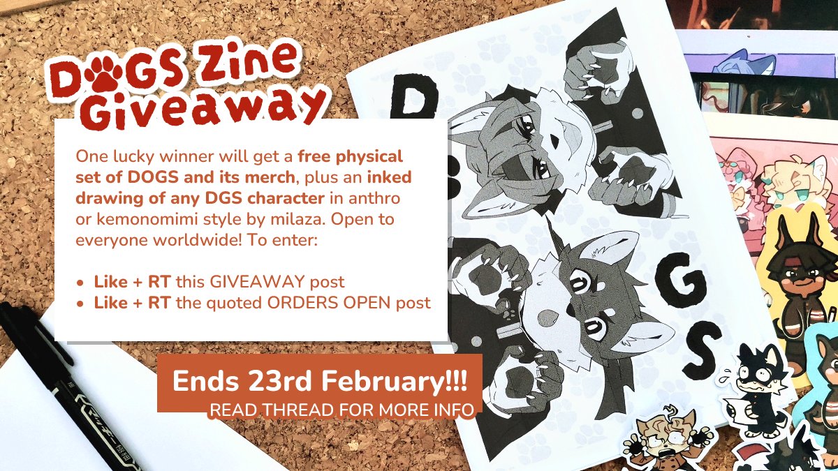 We’re holding a giveaway for a physical set of D🐶GS zine and merch, plus a DGS dog doodle of any character! Extra winner added at 85 RTs. To enter:

-  Like + RT this giveaway post
-  Like + RT the quoted post

Open worldwide. More info in thread. Ends FEBRUARY 23. Good luck 🐾