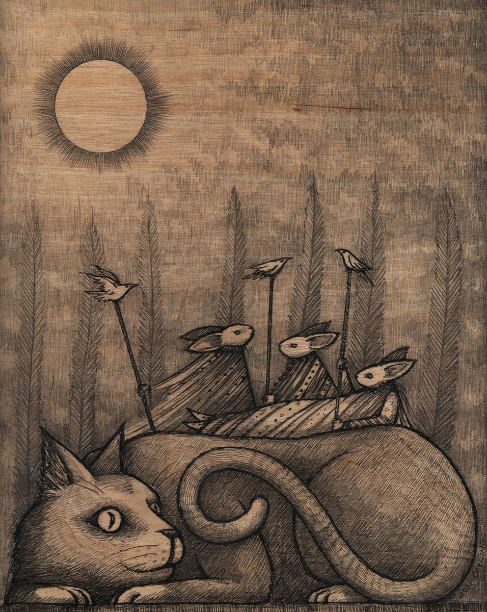 'The Bohemians' pen and pencil on wood panel.