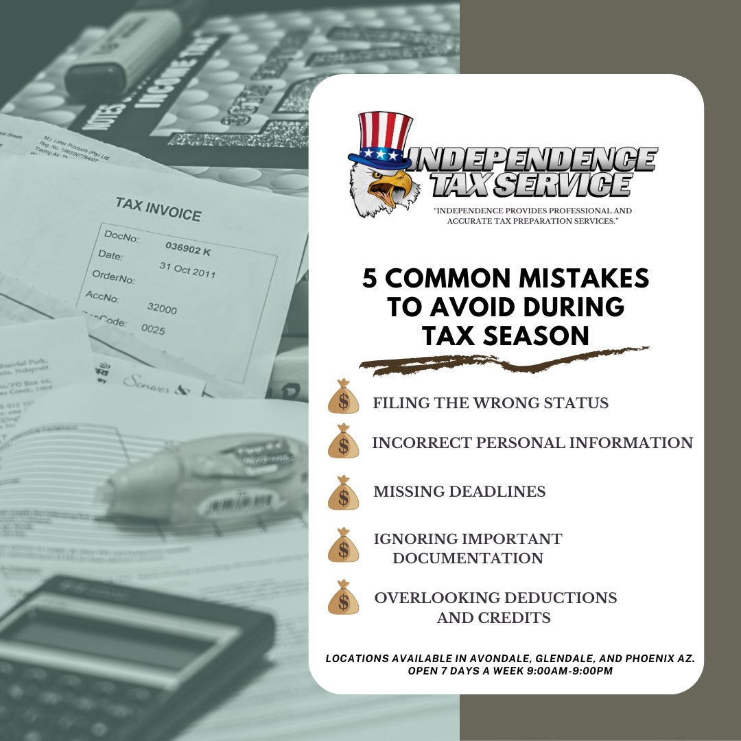 its_taxtime's tweet photo. Tax season is upon us! Avoid these common mistakes like a pro to keep your finances in check 🤑💰 Need more info? Drop a comment below or contact us today. We’ve got you covered! #TaxTips #ItsTaxTime #FinancialWisdom #Phoenix #Avondale #GlendaleAz #IndependenceTaxService https://t.co/KAkIXJo0NH