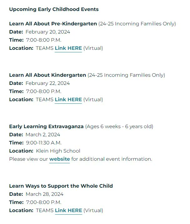 The Klein ISD Early Childhood Department will be hosting a few upcoming family engagement events. Please view our Klein ISD Early Childhood Website to obtain the live links and session information. We look forward to seeing you there! 🙂kleinisd.net/departments/te…