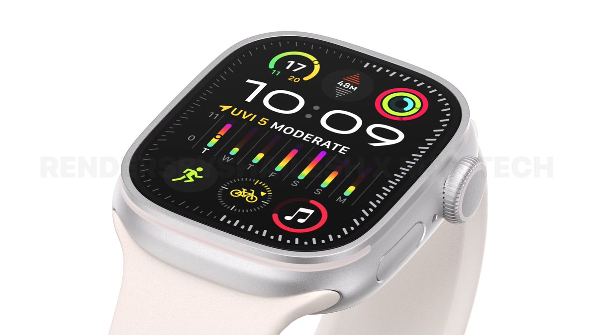 VadimYuryev's tweet image. Who&apos;s excited for the Apple Watch X?

Here are the custom renders we created with @shailesh__h to imagine what it could possible look like. My take is that Apple will borrow some design aspects from the Ultra and bring it over to the regular models.
