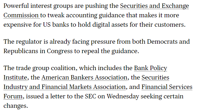 BitcoinArchive's tweet image. JUST IN: 🇺🇸 Banks are pushing the SEC to change accounting rules to make it easier and cheaper for banks to hold digital assets like #Bitcoin for their customer - Bloomberg