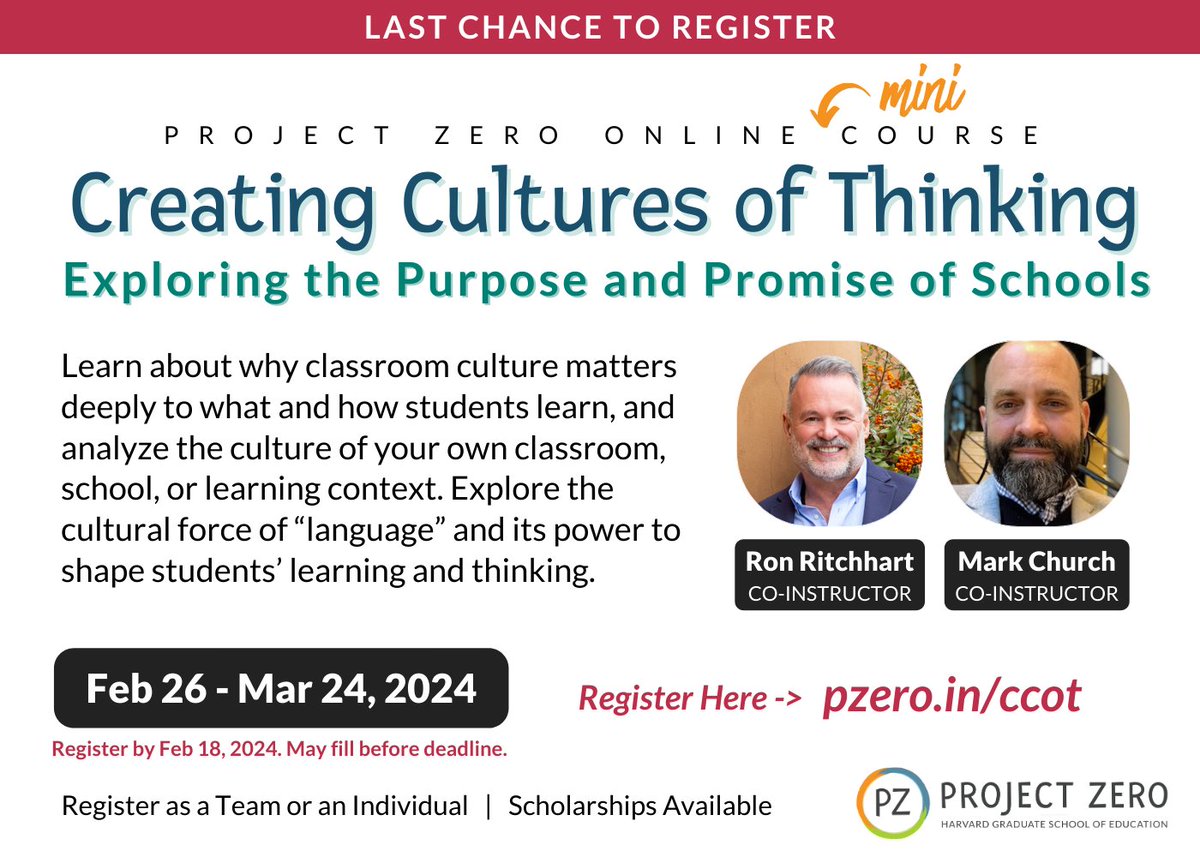 Still time to join this course. Gather a team or join individually to explore the creation of cultures of thinking in our schools and classrooms.