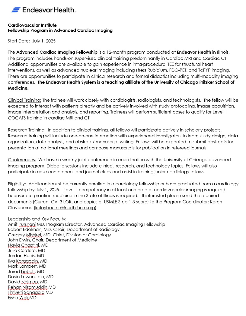 AmitPursnaniMD (@amitpursnanimd) on Twitter photo Attention all #FIT interested in Cardiac Imaging! 🫀📸<a href="/EndeavorHlth/">Endeavor Health</a> Advanced Imaging Fellowship starting 7/2025, with opportunities in #WhyCMR, #YesCCT, structural #EchoFirst and #CVNuc. E-mail cvfellowship@northshore.org for info.
<a href="/UCNSCards/">UCNSCardsFellows</a>
<a href="/HeartOTXHeartMD/">John P Erwin III MD MBA MACC (#BigPoppy )</a> <a href="/ilya_tweets/">Ilya Karagodin</a> Attention all #FIT interested in Cardiac Imaging! 🫀📸<a href="/EndeavorHlth/">Endeavor Health</a> Advanced Imaging Fellowship starting 7/2025, with opportunities in #WhyCMR, #YesCCT, structural #EchoFirst and #CVNuc. E-mail cvfellowship@northshore.org for info.
<a href="/UCNSCards/">UCNSCardsFellows</a>
<a href="/HeartOTXHeartMD/">John P Erwin III MD MBA MACC (#BigPoppy )</a> <a href="/ilya_tweets/">Ilya Karagodin</a>
