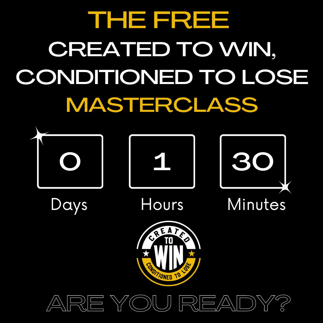 DrDBuckingham's tweet photo. Just 1.5 hours to go until the FREE Online Created To Win, Conditioned To Lose Masterclass begins at 7 PM EST! 

Click here ➡️ https://t.co/8fT2yc9Ise to register.

See you soon! 

#CreatedToWinConditionedToLose #DrDwayneBuckingham #TheERDoctor #CreatedToWinWebinar #InItToWinIt https://t.co/bUa8l8el64