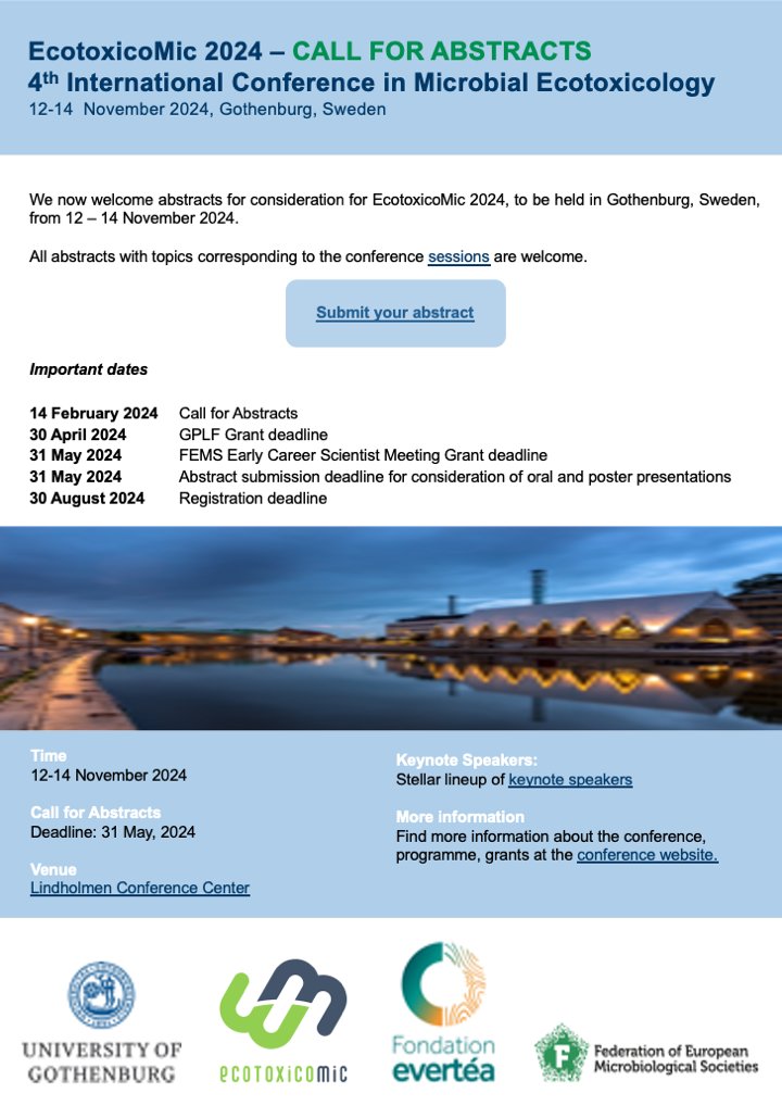 ➡ CALL FOR ABSTRACTS
ecotoxicomic24.sciencesconf.org/resource/page/…

➡WHAT and WHERE?
EcotoxicoMic 2024: 4th International Conference in Microbial Ecotoxicology
12-14 Nov 2024, Gothenburg, Swedem

➡KEYNOTE SPEAKERS
ecotoxicomic24.sciencesconf.org/resource/page/…

@EcotoxicoMic, <a href="/goteborgsuni/">Göteborgs universitet / University of Gothenburg</a>, @FCSevertea