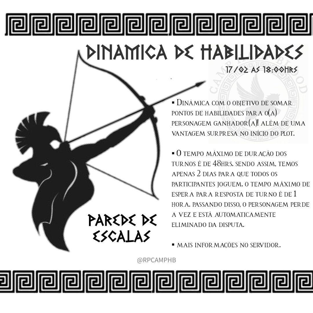 Fala aí, player! Achou que o RPG estivesse naufragando? Pois achou errado!😉🧜‍♂️
Após o nosso pequeno recesso carnavalesco, estamos retornando às atividades. Nesse sábado, estaremos realizando a primeira dinâmica de habilidades do Acampamento Meio-Sangue, contamos com você!