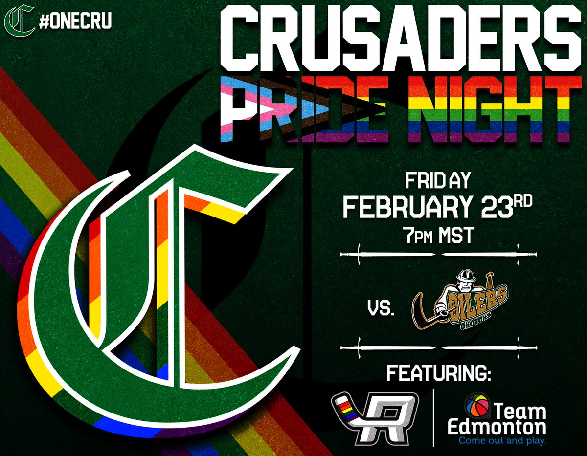 SPcrusaders's tweet photo. Join us for Crusaders Pride Night on Friday, February 23rd, at the Sherwood Park Arena as we take on the @OkotoksOilers!
The Edmonton Rage 2SLGBTQIA+ hockey team and @TeamEdmonton will be there as special guests!
#OneCru #HockeyisforEveryone #BCHL https://t.co/0I6U8k28nr