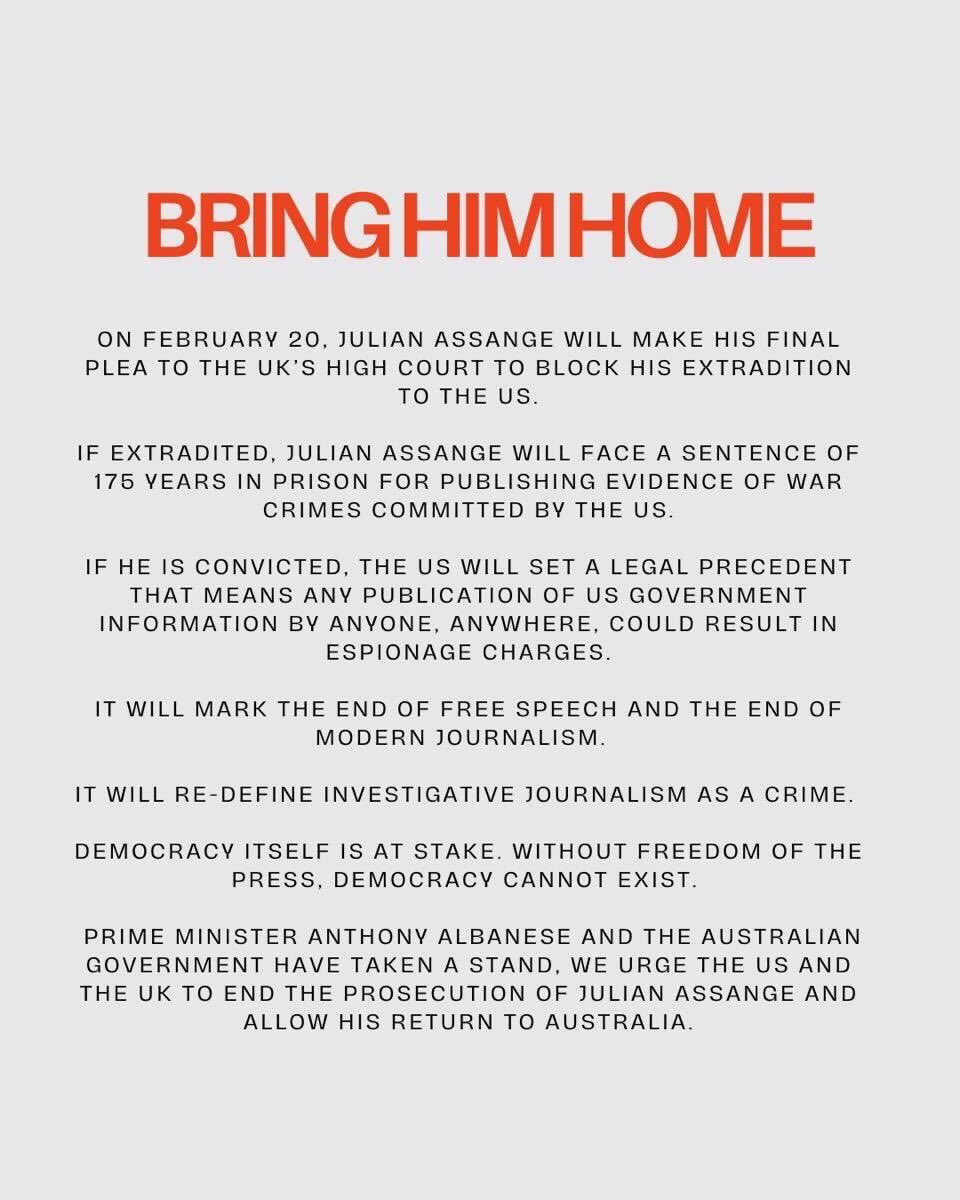 Bring him home. As Australians we are again calling on the US and UK to end the prosecution of Julian Assange and allow his safe return home. I call on the @USEmbAustralia @ukinaustralia @POTUS and @RishiSunak to hear Australia’s call. #FreeAssange